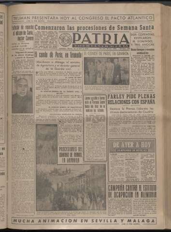 'Patria : diario de Falange Española Tradicionalista y de las J.O.N.S.' - Año XIV Número 4628 - 1949 abril 12