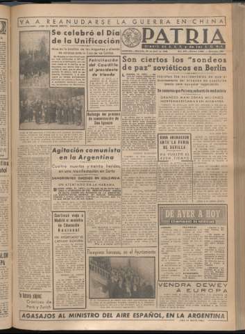 'Patria : diario de Falange Española Tradicionalista y de las J.O.N.S.' - Año XIV Número 4634 - 1949 abril 20
