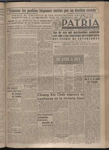 'Patria : diario de Falange Española Tradicionalista y de las J.O.N.S.' - Año XIV Número 4641 - 1949 abril 28