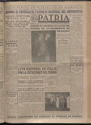 'Patria : diario de Falange Española Tradicionalista y de las J.O.N.S.' - Año XIV Número 4648 - 1949 mayo 6