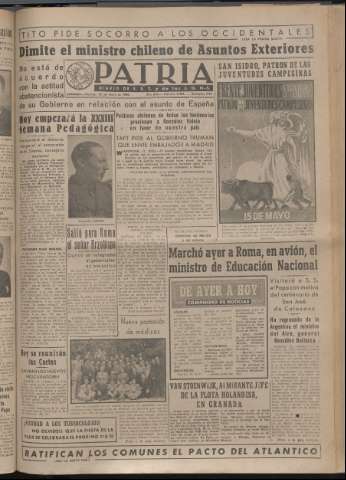 'Patria : diario de Falange Española Tradicionalista y de las J.O.N.S.' - Año XIV Número 4654 - 1949 mayo 13