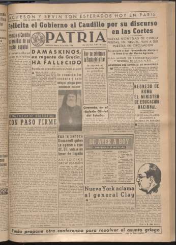 'Patria : diario de Falange Española Tradicionalista y de las J.O.N.S.' - Año XIV Número 4661 - 1949 mayo 21