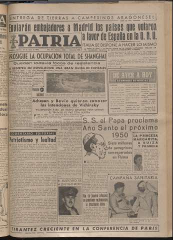 'Patria : diario de Falange Española Tradicionalista y de las J.O.N.S.' - Año XIV Número 4866 - 1949 mayo 27