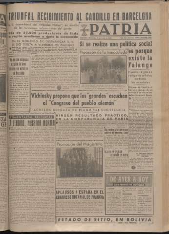 'Patria : diario de Falange Española Tradicionalista y de las J.O.N.S.' - Año XIV Número 4870 - 1949 junio 1