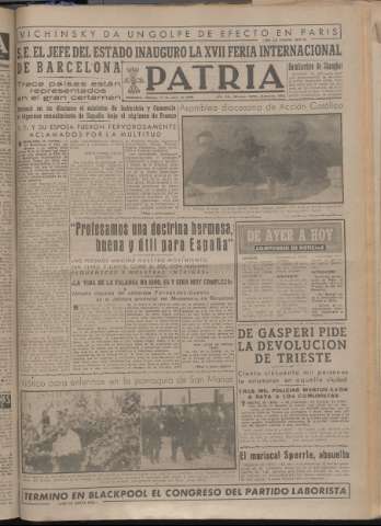 'Patria : diario de Falange Española Tradicionalista y de las J.O.N.S.' - Año XIV Número 4879 - 1949 junio 11