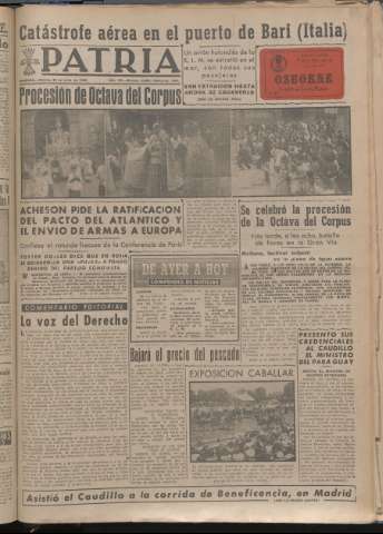 'Patria : diario de Falange Española Tradicionalista y de las J.O.N.S.' - Año XIV Número 4890 - 1949 junio 24