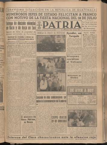 'Patria : diario de Falange Española Tradicionalista y de las J.O.N.S.' - Año XIV Número 4912 - 1949 julio 20
