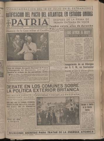 'Patria : diario de Falange Española Tradicionalista y de las J.O.N.S.' - Año XIV Número 4914 - 1949 julio 22