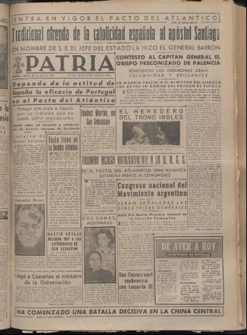 'Patria : diario de Falange Española Tradicionalista y de las J.O.N.S.' - Año XIV Número 4917 - 1949 julio 26