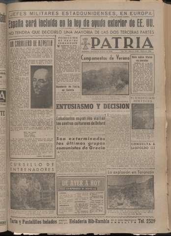 'Patria : diario de Falange Española Tradicionalista y de las J.O.N.S.' - Año XIV Número 4922 - 1949 julio 31