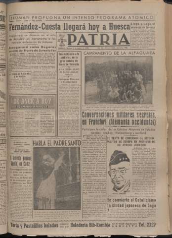 'Patria : diario de Falange Española Tradicionalista y de las J.O.N.S.' - Año XIV Número 4923 - 1949 agosto 2
