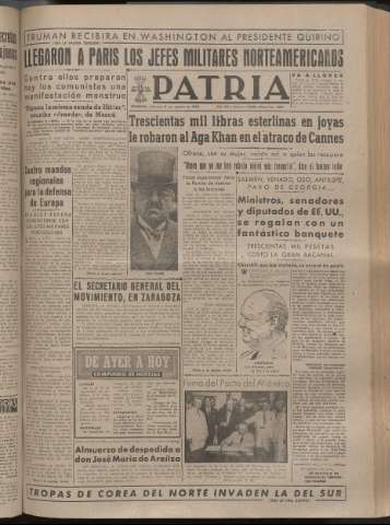 'Patria : diario de Falange Española Tradicionalista y de las J.O.N.S.' - Año XIV Número 4926 - 1949 agosto 5