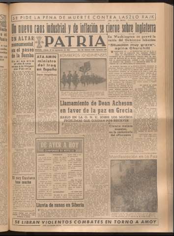 'Patria : diario de Falange Española Tradicionalista y de las J.O.N.S.' - Año XIV Número 4967 - 1949 septiembre 22