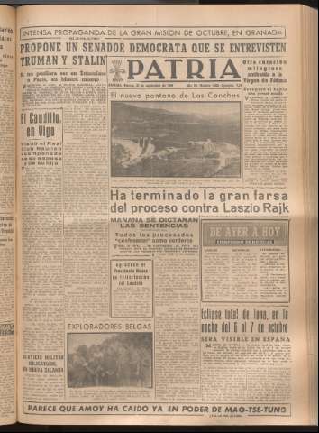 'Patria : diario de Falange Española Tradicionalista y de las J.O.N.S.' - Año XIV Número 4968 - 1949 septiembre 23