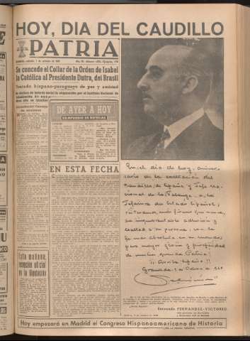'Patria : diario de Falange Española Tradicionalista y de las J.O.N.S.' - Año XIV Número 4975 - 1949 octubre 1