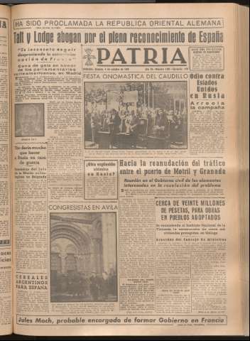 'Patria : diario de Falange Española Tradicionalista y de las J.O.N.S.' - Año XIV Número 4981 - 1949 octubre 8