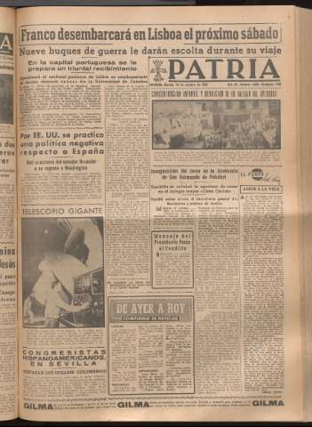 'Patria : diario de Falange Española Tradicionalista y de las J.O.N.S.' - Año XIV Número 4989 - 1949 octubre 18