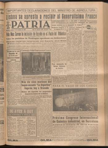 'Patria : diario de Falange Española Tradicionalista y de las J.O.N.S.' - Año XIV Número 4991 - 1949 octubre 20