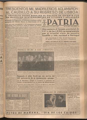 'Patria : diario de Falange Española Tradicionalista y de las J.O.N.S.' - Año XIV Número 4998 - 1949 octubre 28