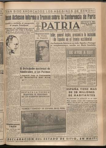 'Patria : diario de Falange Española Tradicionalista y de las J.O.N.S.' - Año XIV Número 5014 - 1949 noviembre 16
