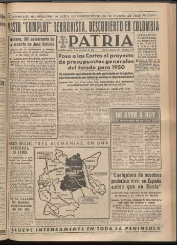 'Patria : diario de Falange Española Tradicionalista y de las J.O.N.S.' - Año XIV Número 5017 - 1949 noviembre 19