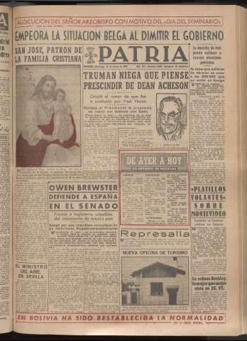 'Patria : diario de Falange Española Tradicionalista y de las J.O.N.S.' - Año XV Número 4630 - 1950 marzo 19