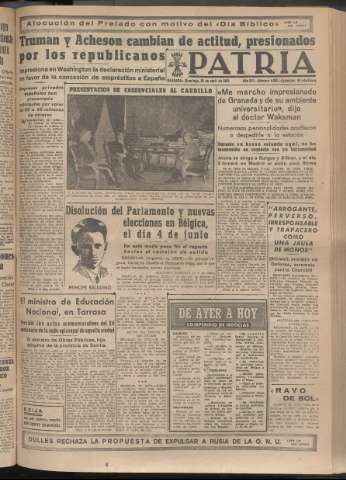 'Patria : diario de Falange Española Tradicionalista y de las J.O.N.S.' - Año XV Número 4665 - 1950 abril 30