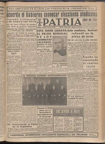 'Patria : diario de Falange Española Tradicionalista y de las J.O.N.S.' - Año XV Número 4701 - 1950 junio 17