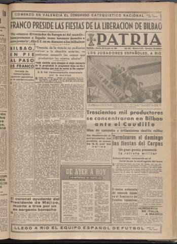 'Patria : diario de Falange Española Tradicionalista y de las J.O.N.S.' - Año XV Número 4703 - 1950 junio 20