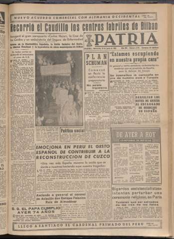 'Patria : diario de Falange Española Tradicionalista y de las J.O.N.S.' - Año XV Número 4704 - 1950 junio 21