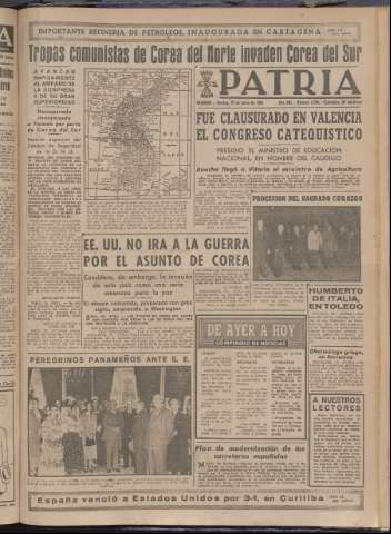 'Patria : diario de Falange Española Tradicionalista y de las J.O.N.S.' - Año XV Número 4709 - 1950 junio 27