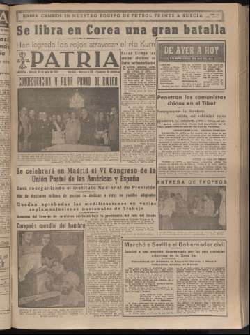 'Patria : diario de Falange Española Tradicionalista y de las J.O.N.S.' - Año XV Número 4725 - 1950 julio 15