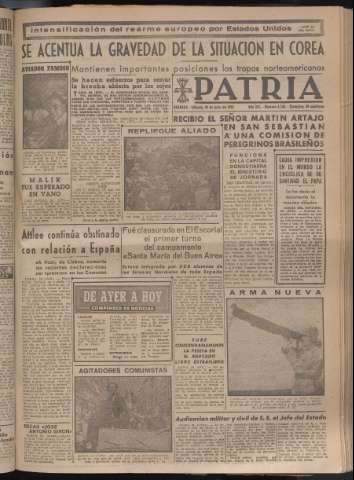 'Patria : diario de Falange Española Tradicionalista y de las J.O.N.S.' - Año XV Número 4736 - 1950 julio 29