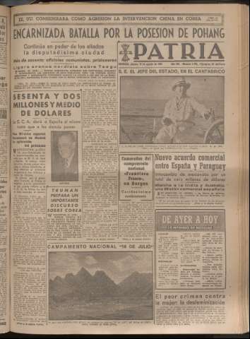 'Patria : diario de Falange Española Tradicionalista y de las J.O.N.S.' - Año XV Número 4763 - 1950 agosto 31