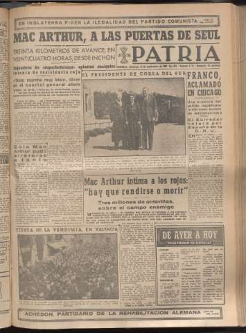 'Patria : diario de Falange Española Tradicionalista y de las J.O.N.S.' - Año XV Número 4778 - 1950 septiembre 17