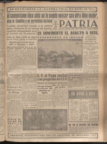 'Patria : diario de Falange Española Tradicionalista y de las J.O.N.S.' - Año XV Número 4781 - 1950 septiembre 21