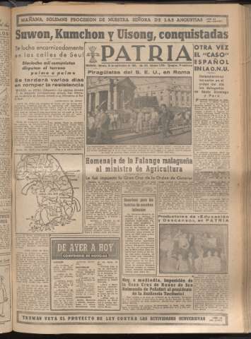 'Patria : diario de Falange Española Tradicionalista y de las J.O.N.S.' - Año XV Número 4783 - 1950 septiembre 23