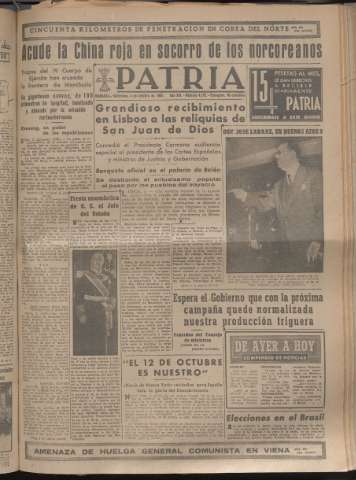 'Patria : diario de Falange Española Tradicionalista y de las J.O.N.S.' - Año XV Número 4792 - 1950 octubre 4