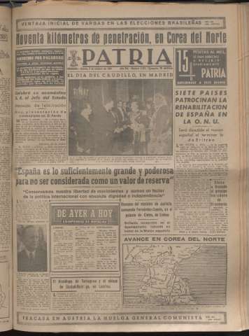 'Patria : diario de Falange Española Tradicionalista y de las J.O.N.S.' - Año XV Número 4793 - 1950 octubre 5