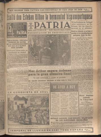 'Patria : diario de Falange Española Tradicionalista y de las J.O.N.S.' - Año XV Número 4795 - 1950 octubre 7