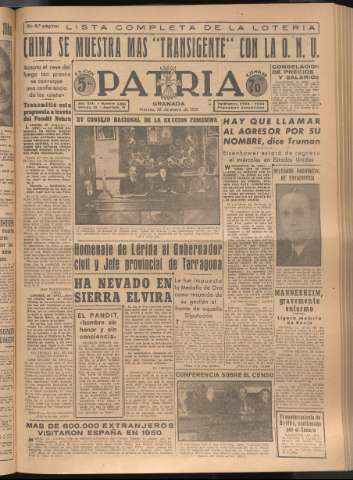 'Patria : diario de Falange Española Tradicionalista y de las J.O.N.S.' - Año XVI Número 4884 - 1951 enero 26
