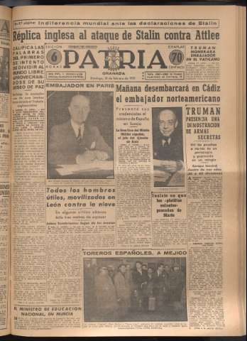 'Patria : diario de Falange Española Tradicionalista y de las J.O.N.S.' - Año XVI Número 4706 - 1951 febrero 18