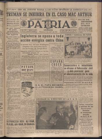 'Patria : diario de Falange Española Tradicionalista y de las J.O.N.S.' - Año XVI Número 4749 - 1951 abril 11