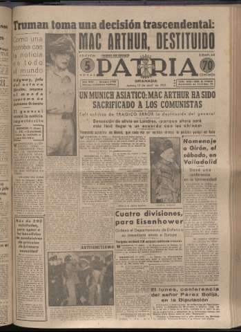 'Patria : diario de Falange Española Tradicionalista y de las J.O.N.S.' - Año XVI Número 4750 - 1951 abril 12