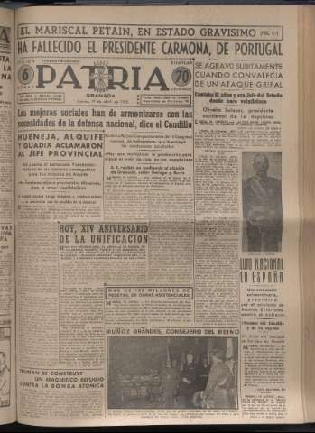 'Patria : diario de Falange Española Tradicionalista y de las J.O.N.S.' - Año XVI Número 4756 - 1951 abril 19