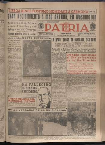 'Patria : diario de Falange Española Tradicionalista y de las J.O.N.S.' - Año XVI Número 4757 - 1951 abril 20