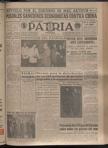 'Patria : diario de Falange Española Tradicionalista y de las J.O.N.S.' - Año XVI Número 4758 - 1951 abril 21