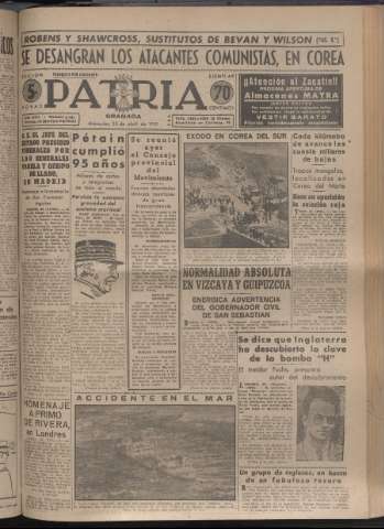 'Patria : diario de Falange Española Tradicionalista y de las J.O.N.S.' - Año XVI Número 4761 - 1951 abril 25