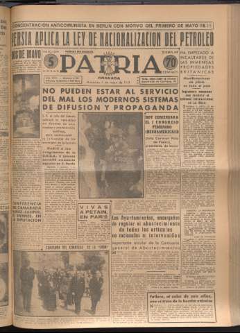 'Patria : diario de Falange Española Tradicionalista y de las J.O.N.S.' - Año XVI Número 4767 - 1951 mayo 2