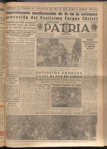 'Patria : diario de Falange Española Tradicionalista y de las J.O.N.S.' - Año XVI Número 4787 - 1951 mayo 25
